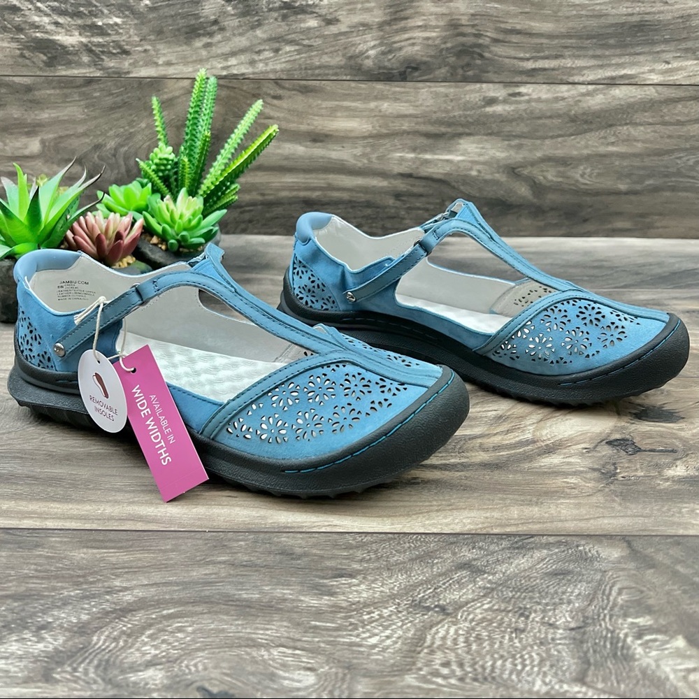 NIB Jambu 8W WIDE Creek T-Strap Leather Mary Jane Comfort Shoes Flats Denim - Picture 4 of 12